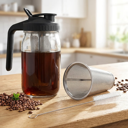 64oz Cold Brew Coffee Pot with Filter And Brush, Household Coffee Pot, Household Mason Pot, Kitchen Bar Restaurant Special Cold Pot, Professional Filtering Coffee Pot, Large Capacity Glass Kettle, Including Stainless Steel Filter Coffee Pot