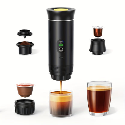 Portable Espresso Machine Type-C Charging Self-Heating – Single Serve Coffee Maker with Temperature & Battery Display, Hot & Cold Brew, Ground Coffee & Capsule Compatible, for Travel RV Hiking Office