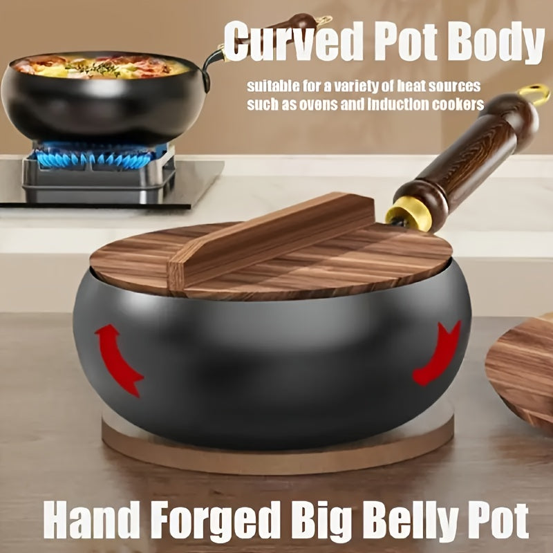 1pc Suntuup Japanese Iron Pan, 9.45 Inch Japanese Uncoated Iron Frying Pan, Small Cast Iron Frying Pan, Wok for Cooker Gas Stir Fry Pans Round Bottom with Wood Lid Suitable for Induction And Gas Stoves, Home Kitchen Cookware