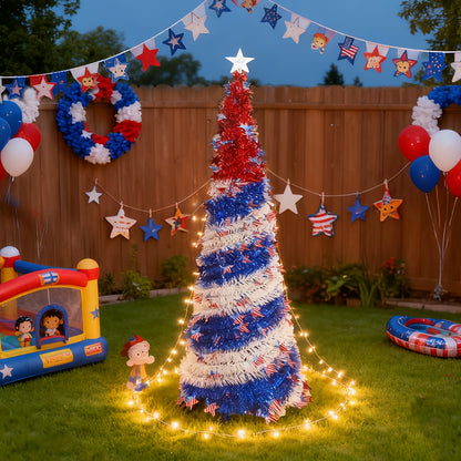 4th of July Patriotic Decoration Tree 5ft – Foldable LED Light String with Red White Blue Stars & Stripes, Independence Day Party Decor, Patriotic Theme Display Tree, Summer Holiday Gift