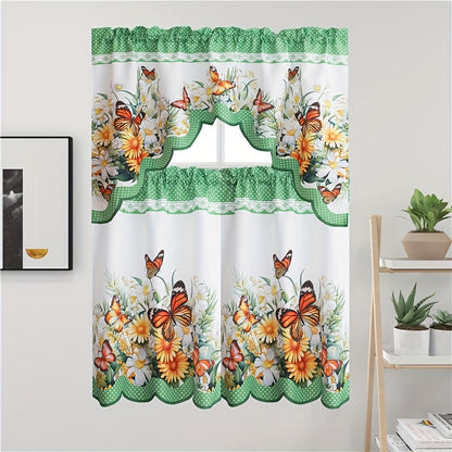 3pcs/set Of Kitchen Curtains for Windows, Polyester Fabric, Printing Process, Beautiful Butterfly Flowers And Butterfly Patterns, Suitable for Kitchen And Restaurant Window Shading, Bathroom, Living Room, Bedroom, Wedding And Party Decoration.