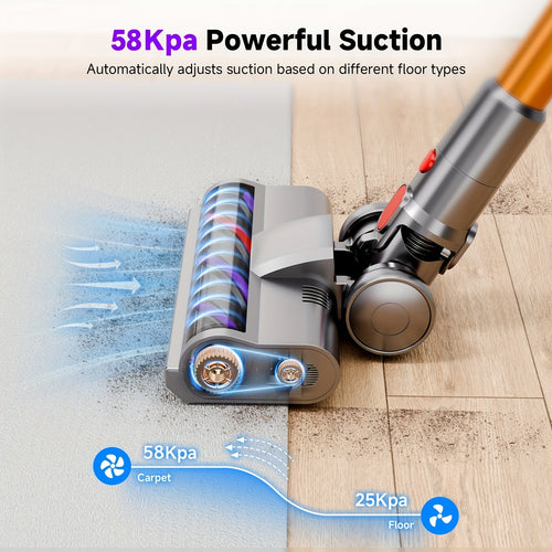 Cordless Vacuum Cleaner with 58Kpa Suction, Featuring a Self-Standing Design, Handheld Capability, LED Electric Floor Brush, Lightweight Build, And Strong Suction Power. This 6-In-1 Rechargeable Vacuum Is Ideal for Carpets, Pet Hair