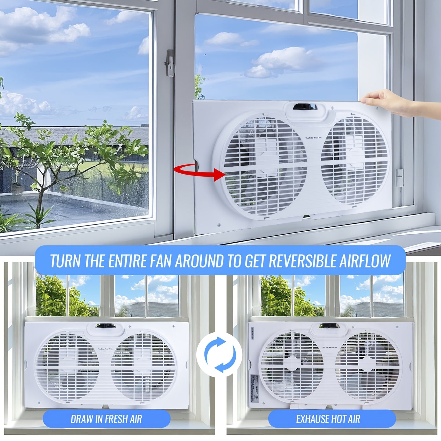 9" Twin Window Fan Manual Control Or Remote Control, 2-Speed/3-Speed Expandable Dual Window Fan for Indoor Use