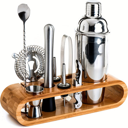 10pcs Set of Senior Bartender Suit with Bamboo Stand-stainless Steel Shaker and Bar Tool Set, Perfect Housewarming Gift, Ideal Bar Accessories for Father's Day