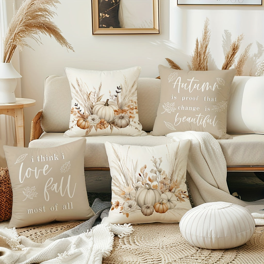 4pcs, Boho Wildflowers Fall Throw Pillow Covers, Autumn Pumpkin Harvest Home Decor Cushion Covers, 18in*18in, Rustic Styel Farmhouse Thankful Grateful Decor PillowCases for Porch Patio Couch Sofa Living Room Outdoor, Set Of 4, Without Pillow Inserts