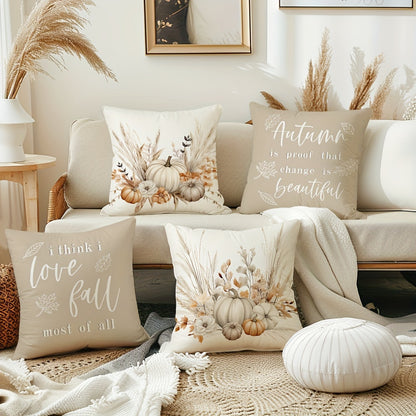 4pcs, Boho Wildflowers Fall Throw Pillow Covers, Autumn Pumpkin Harvest Home Decor Cushion Covers, 18in*18in, Rustic Styel Farmhouse Thankful Grateful Decor PillowCases for Porch Patio Couch Sofa Living Room Outdoor, Set Of 4, Without Pillow Inserts