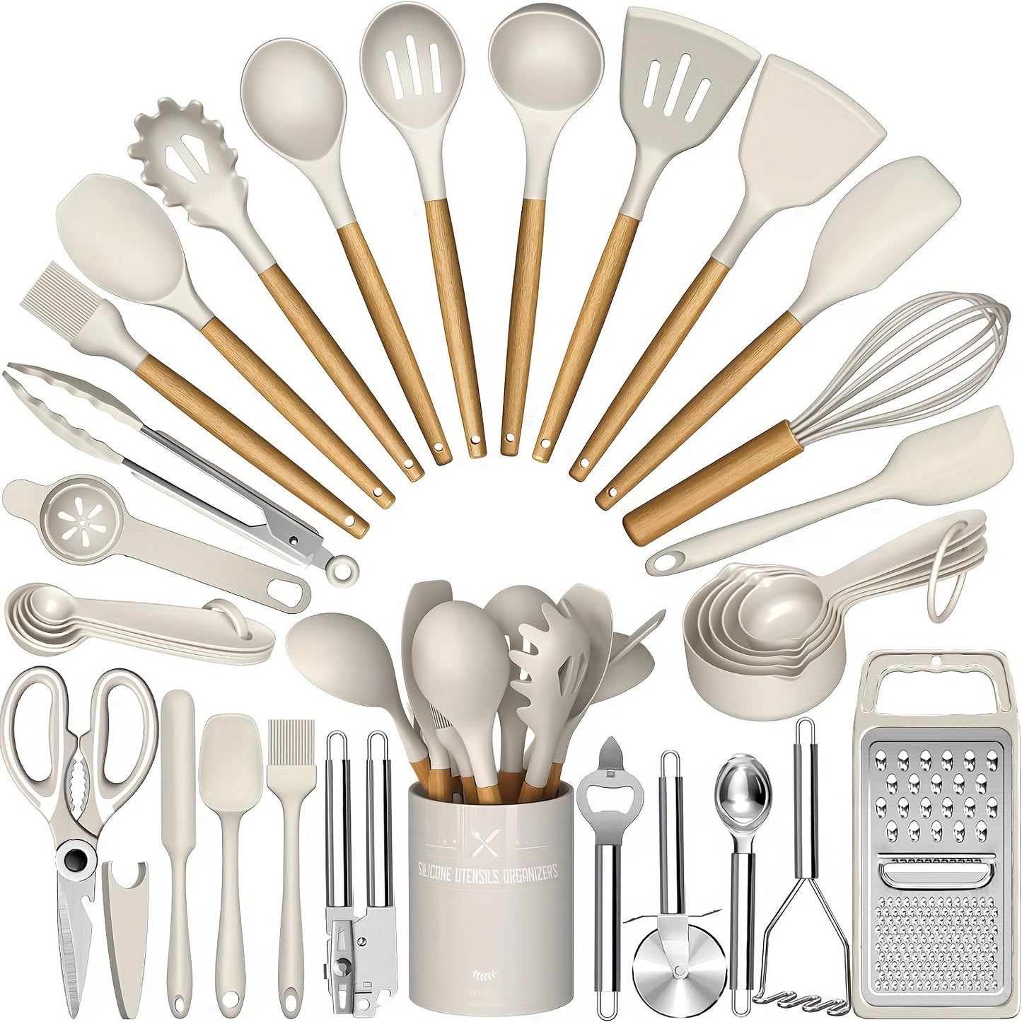 Kitchen Utensils Set- 34pcs Silicone Cooking Utensils with Holder, Heat Resistant Kitchen Utensil Spatula Set for Nonstick Cookware, Black Wooden Handles Kitchen Gadgets Tools Set Father Gift