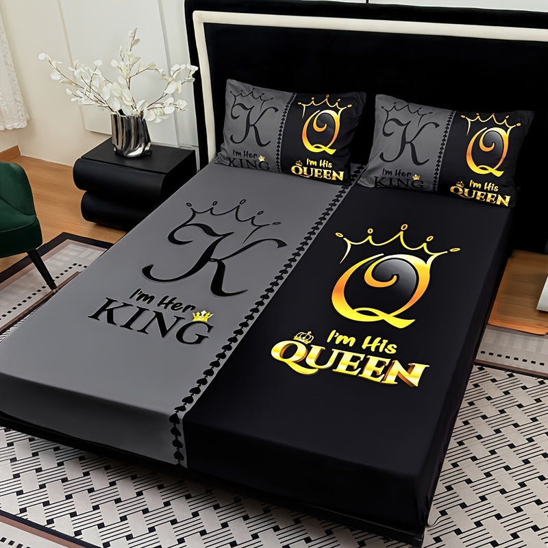 Bed Sheet Set 3 Piece Super Soft Microfiber Fitted Sheet with Pillowcases - Deep Pocket 15 Inch Crown Letter Print Color Block Bedding Twin Full Queen King All Season