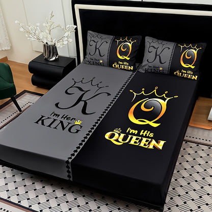 Bed Sheet Set 3 Piece Super Soft Microfiber Fitted Sheet with Pillowcases - Deep Pocket 15 Inch Crown Letter Print Color Block Bedding Twin Full Queen King All Season