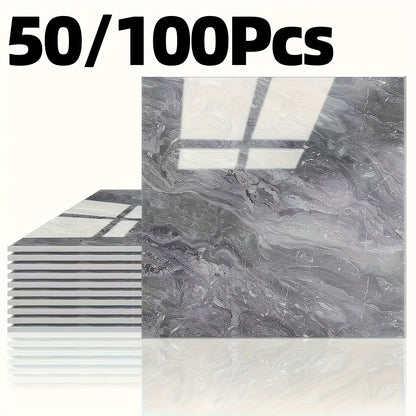 50/100pcs, Glossy Marble Pattern Imitation Tile Self-adhesive Wall Stickers with Texture Peel And Stick Wallpaper, Waterproof Living Room Kitchen Background Wall Stickers, Bathroom Home Wall Stickers, Not High Temperature Resistance