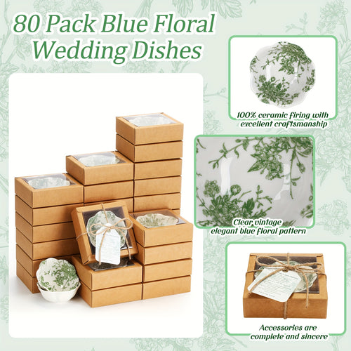 80 Pack Wedding Favors for Guests Small Ceramic Bowls Bulk Gifts Set 3.3 Inch Green Verdure Design Mini Dipping Bowl Sauce Dish with Cards box for Party Shower Favor Souvenir