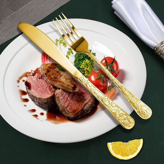 20/40/60 Golden/Color Vintage Carved Tableware Set for 8-12 People, Stainless Steel Tableware Set with Knife/fork/spoon, Home And Kitchen Tableware Set, Dishwasher Safe, Suitable for Kitchen Decor, Family Gatherings