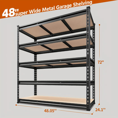 3020LBS Storage Shelves 48" W Garage Shelving Heavy Duty 5 Tier Heavy Duty Shelving Adjustable Garage Shelves for Basement, Warehouse, Commercial, Easy Assemble, 47.9"W X72"H X 24"D/40"W X 20"D X 60''H, Black & Galvanized, Standing Shelf
