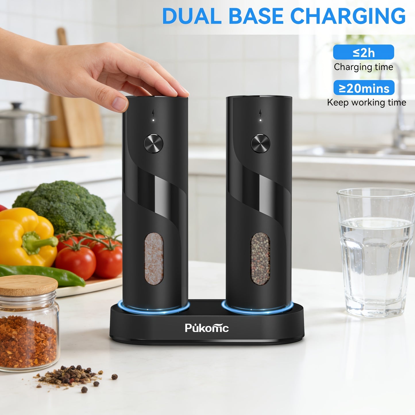 2pcs Electric Pepper Grinder with Rechargeable Base & ABS Motor - Suitable for Peppercorns/Spices, 6 Adjustable Settings, Built-in LED Light, Detachable for Cleaning, Charging Station with Brush & Manual Included