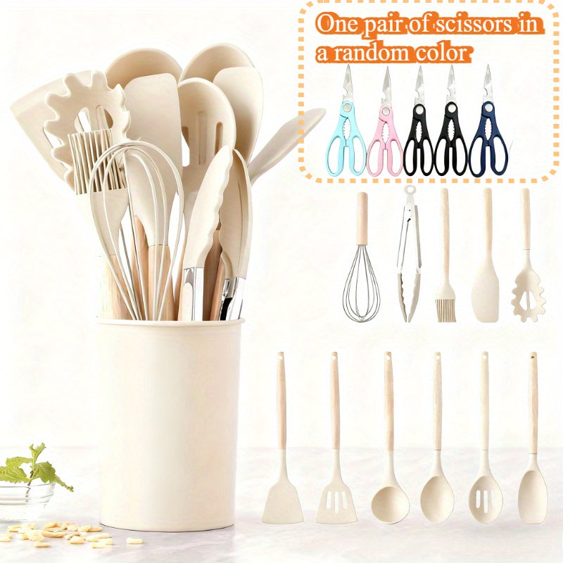 13pcs, Non-Stick Silicone Kitchen Utensil Set with Wooden Handles-Safe And Easy to Clean-Perfect for Cooking And Baking-Ideal for Back to School And Dorm Essentials