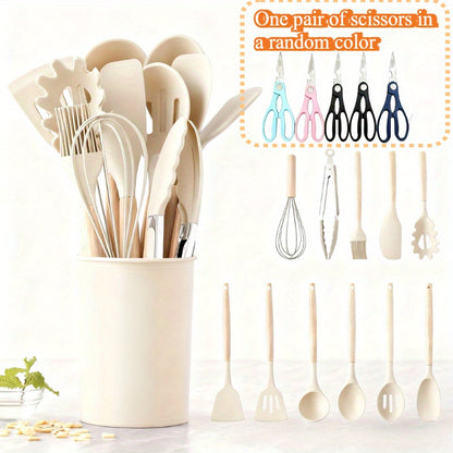 13pcs, Non-Stick Silicone Kitchen Utensil Set with Wooden Handles-Safe And Easy to Clean-Perfect for Cooking And Baking-Ideal for Back to School And Dorm Essentials