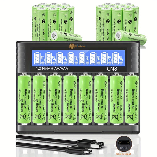 Rechargeable Batteries with Charger, 8 Pack Of High Capacity Low Self Discharge, Ni-MH AA Batteries with Smart 8 Bay Battery Charger, Multiple Choices: 8AAA+charger; 8AA+charger; 4AAA+4AA+charger; Only Chargerv