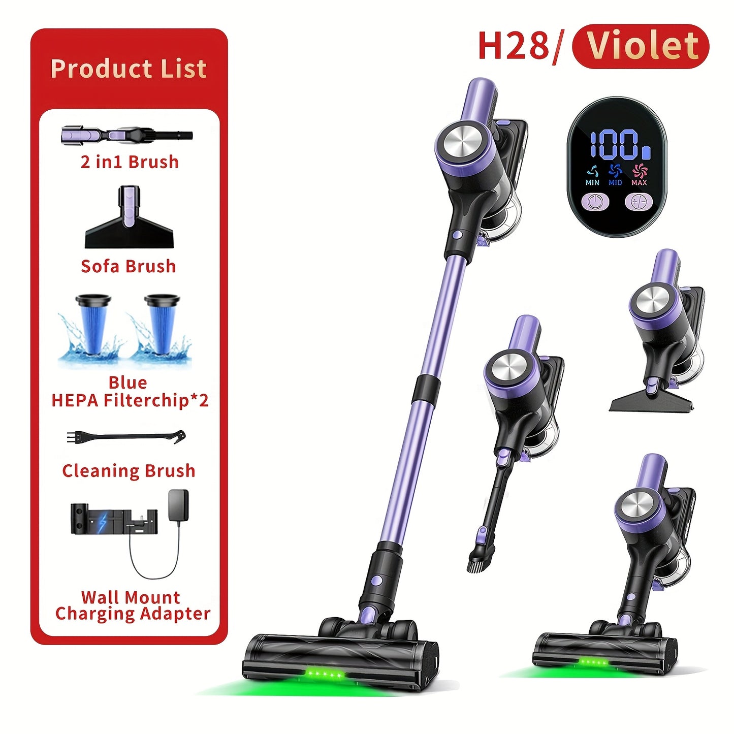 Cordless Vacuum Cleaner, 45KPA Powerful Cordless Vacuum Cleaner, Upgraded Green Light & Anti-Tangle FloorBrush, 8-in-1 Vacuum Cleaners for Home, Lightweight Powerful Stick Vacuum Cleaner, for Carpet, Pet Hair, Tile, Hardwood Floor