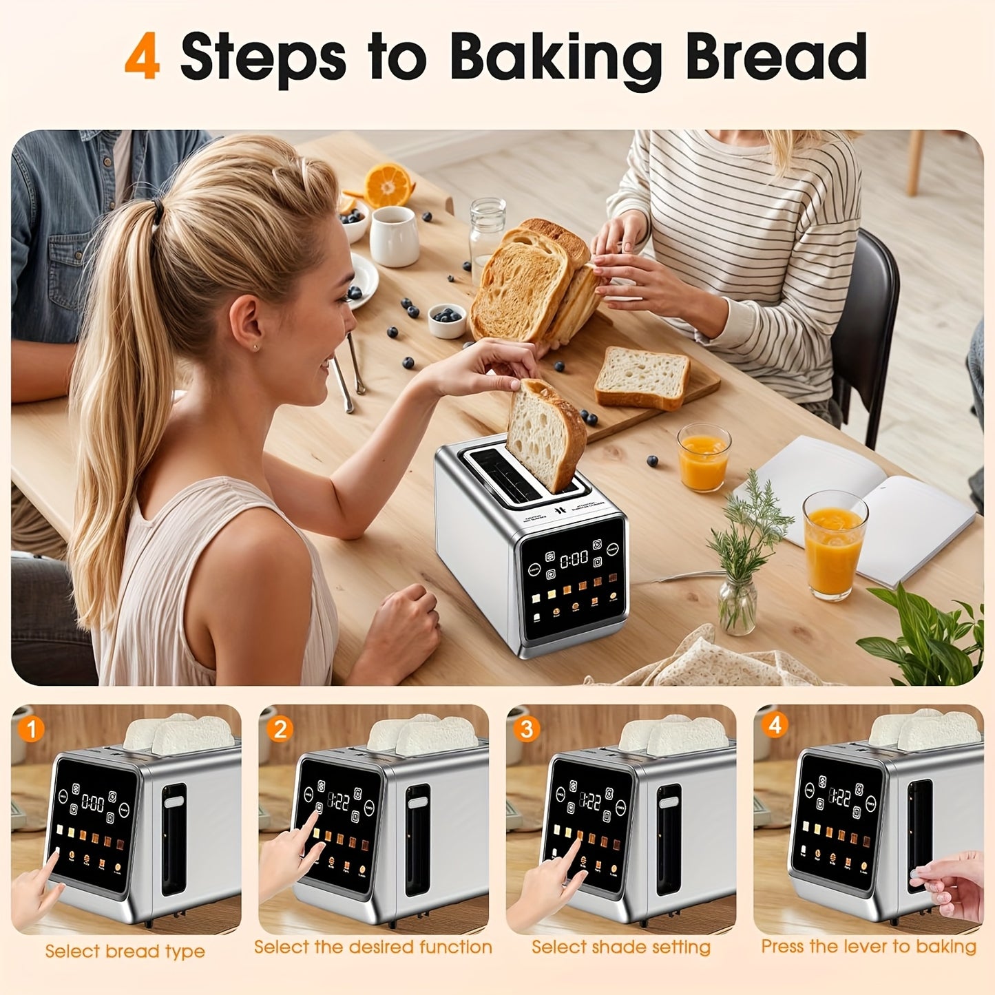 Smart Digital Toaster 2 Slice Touch Screen – Stainless Steel with Memory Function, 5 Bread Types, 6 Shade Settings, 1.5-Inch Wide Slot, 900W Fast Toasting for Home Kitchen