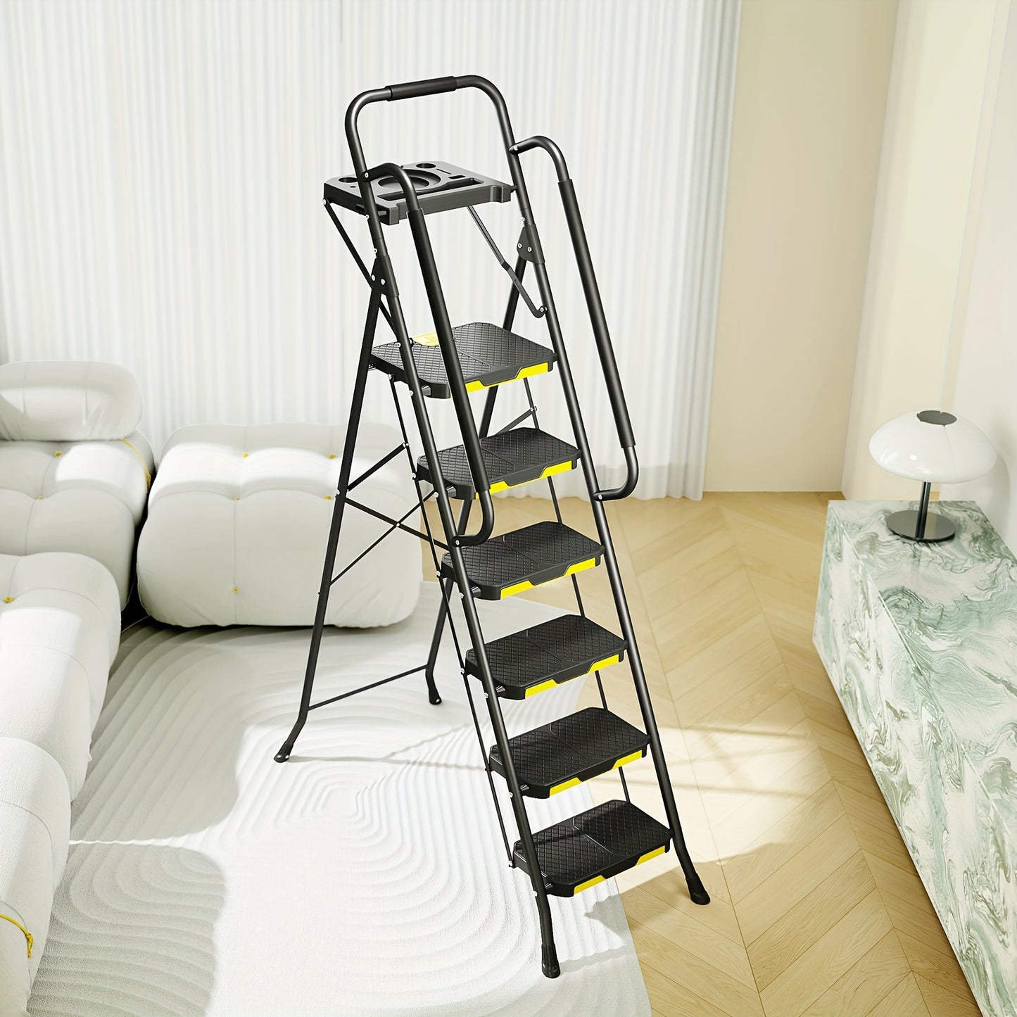 TOOLF 6 Step Ladder with Tool Platform, Folding Step Stool with Handrails, Sturdy Steel Ladder with Wide Pedal, 800 LBS Portable Safety Ladder for Adults Painting for Home Outdoor Garage