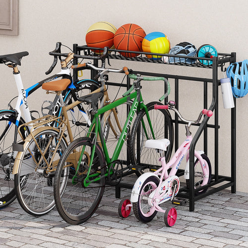 Freestanding Bike Storage Stand with Basket & Hooks – Adjustable Floor Rack for 3-4 Bikes, Indoor Outdoor Garage Organizer