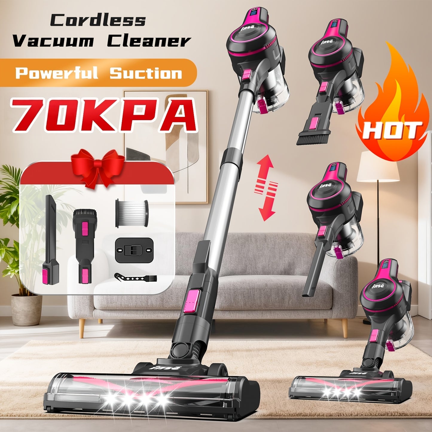 Vacuum Cleaner Cordless & Corded 2-in-1, INSE 35-70KPA Powerful Suction 6-in-1 Handheld Vacuum with Detachable Battery, 45-Min Runtime, 50.5oz Dust Cup, LED Brush – For Home Hardwood Floor Carpet Pet Hair