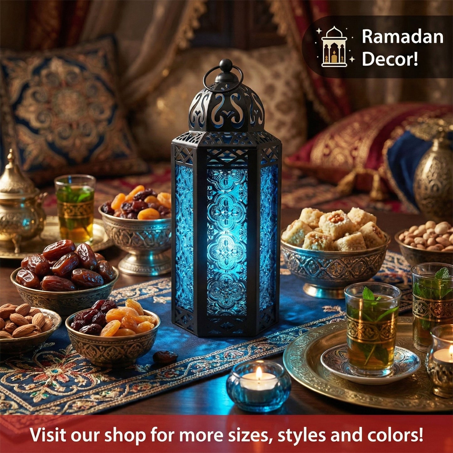 Moroccan Candle Lantern Holder - Decorative Metal & Glass Lantern with Embossed Floral Design for Indoor Home Decor, Garden, Patio, Weddings, Ramadan, Halloween & Holiday Celebrations - 10.5" Tall Medium Size