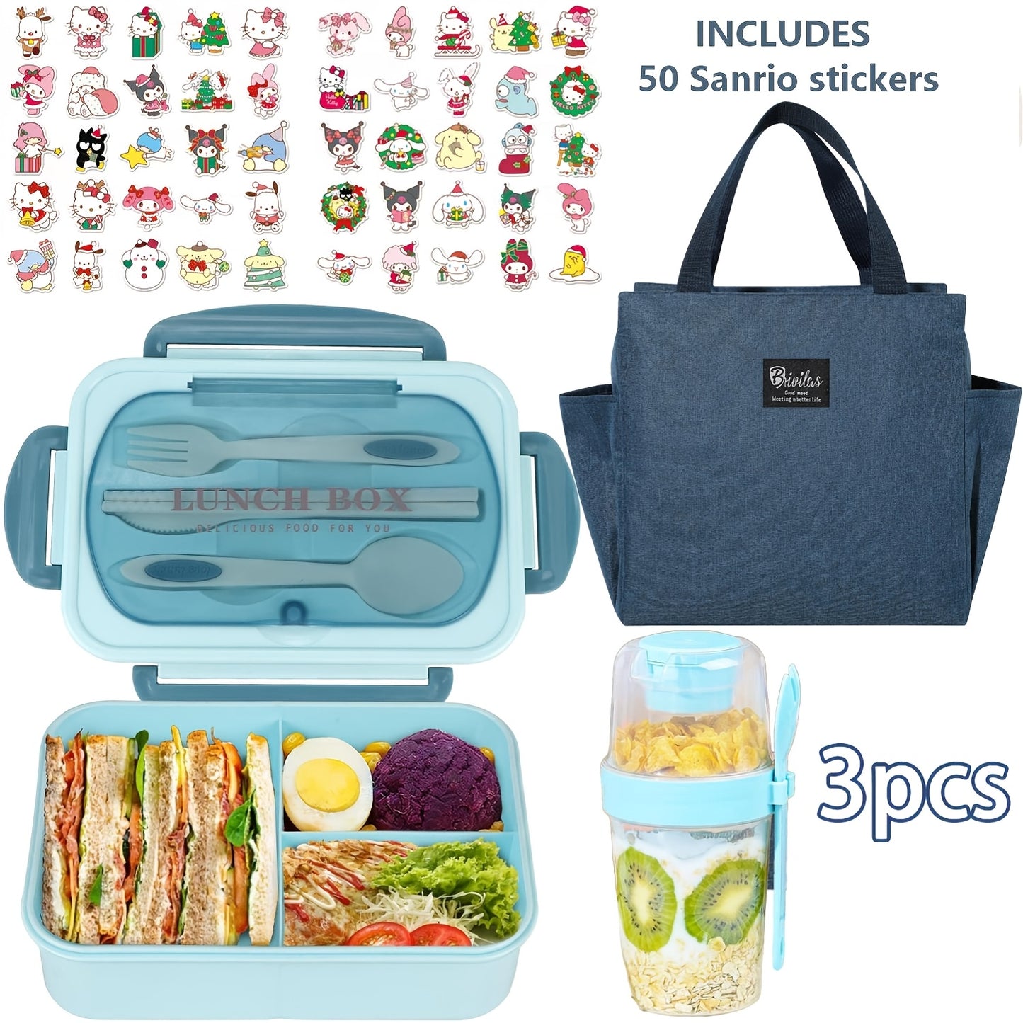 51pcs/53pcs Sanrio Lunch Box Set | Thermal Bag, Breakfast Cup, Portable Sealed Compartment Bento Box, 40.58Oz Capacity, Microwave And Dishwasher Safe, Ideal For Work, Picnics, And Back To School
