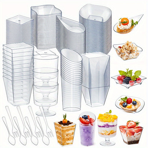 Disposable Tableware Set 400pcs Clear Dessert Plates Cups Forks Spoons Party Supplies for Festival Birthday Wedding Home Includes 100 Each Plates Cups Forks Spoons