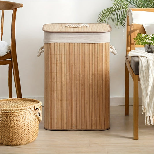 Foldable Bamboo Laundry Basket Collapsible Rattan Clothes Hamper - Space Saving Rectangular Storage Bin for Bedroom, Dorm & Bathroom, Easy Assembly, Available in Upgrade & Standard Models