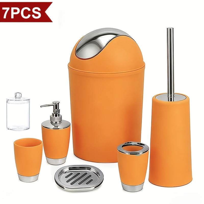 7pcs Luxury Bathroom Accessory Set - Premium Quality, Modern Style - Complete With Trash Can, Toilet Brush, Lotion Dispenser, Soap Dish, Mouthwash Cup & Toothbrush Holder - Space-Saving, Easy To Clean, Ideal For Bathroom Decor And Housewarming Gifts