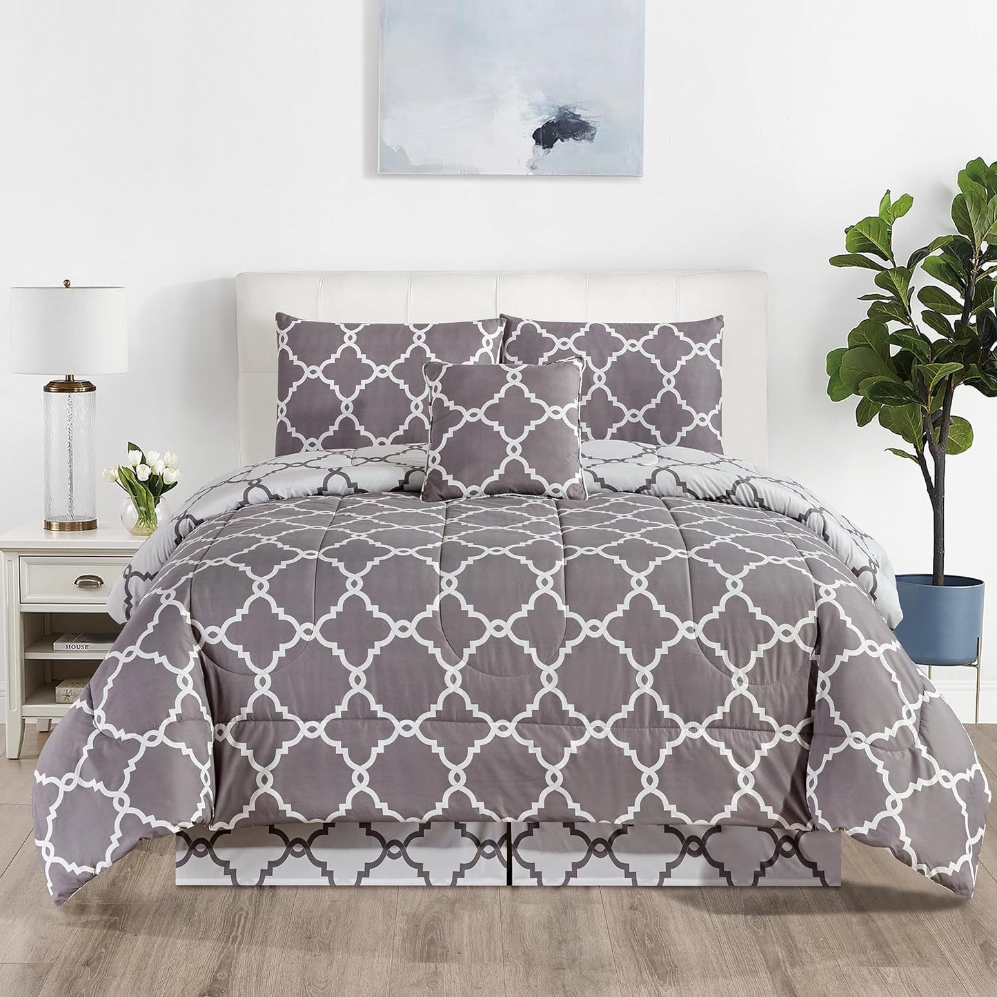 Lux Decor 5 Pieces Comforter Set - Reversible Duvet Insert - Quilted Comforter Smooth, Breathable & Machine Washable, Soft and Comfortable Bedding, Down Alternative Comforter Included 2 Pillow Shams, Bed Skirt, & Cushion - All Season Gift Choice