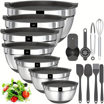 20pcs Mixing Bowls With Airtight Lids, Stainless Steel Metal Nesting Bowls, Non-Slip Colorful Silicone Bottom, Size 7, 3.5, 2.5, 2.0, 1.5, 1, 0.67QT, Great For Mixing, Baking, Serving