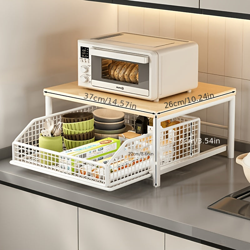 PMMJ 2-Tier Kitchen Organizer, 2-Tier Space-Saving Kitchen Countertop Organizer With Drawer And Wire Basket, Sturdy Hardwood And Metal Storage Shelf For Coffee Maker, Utensils, Spices, Durable Home Organization, Microwave Shelf, Utility Racks