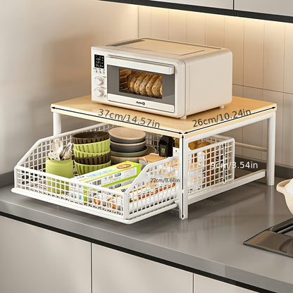 PMMJ 2-Tier Kitchen Organizer, 2-Tier Space-Saving Kitchen Countertop Organizer With Drawer And Wire Basket, Sturdy Hardwood And Metal Storage Shelf For Coffee Maker, Utensils, Spices, Durable Home Organization, Microwave Shelf, Utility Racks