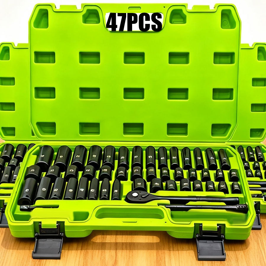 34pcs Impact Socket Set with 1/2" Driveor 53pcs Tool Set Or 47pcs Impact Socket Set with 3/8" Drive, SAE (5/16" to 3/4") And Metric (8 to 22mm) Sizes, 6-point Design, Including Ratchet Handle, Extension Rod And Connector, Cr-V