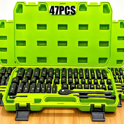 34pcs Impact Socket Set with 1/2" Driveor 53pcs Tool Set Or 47pcs Impact Socket Set with 3/8" Drive, SAE (5/16" to 3/4") And Metric (8 to 22mm) Sizes, 6-point Design, Including Ratchet Handle, Extension Rod And Connector, Cr-V