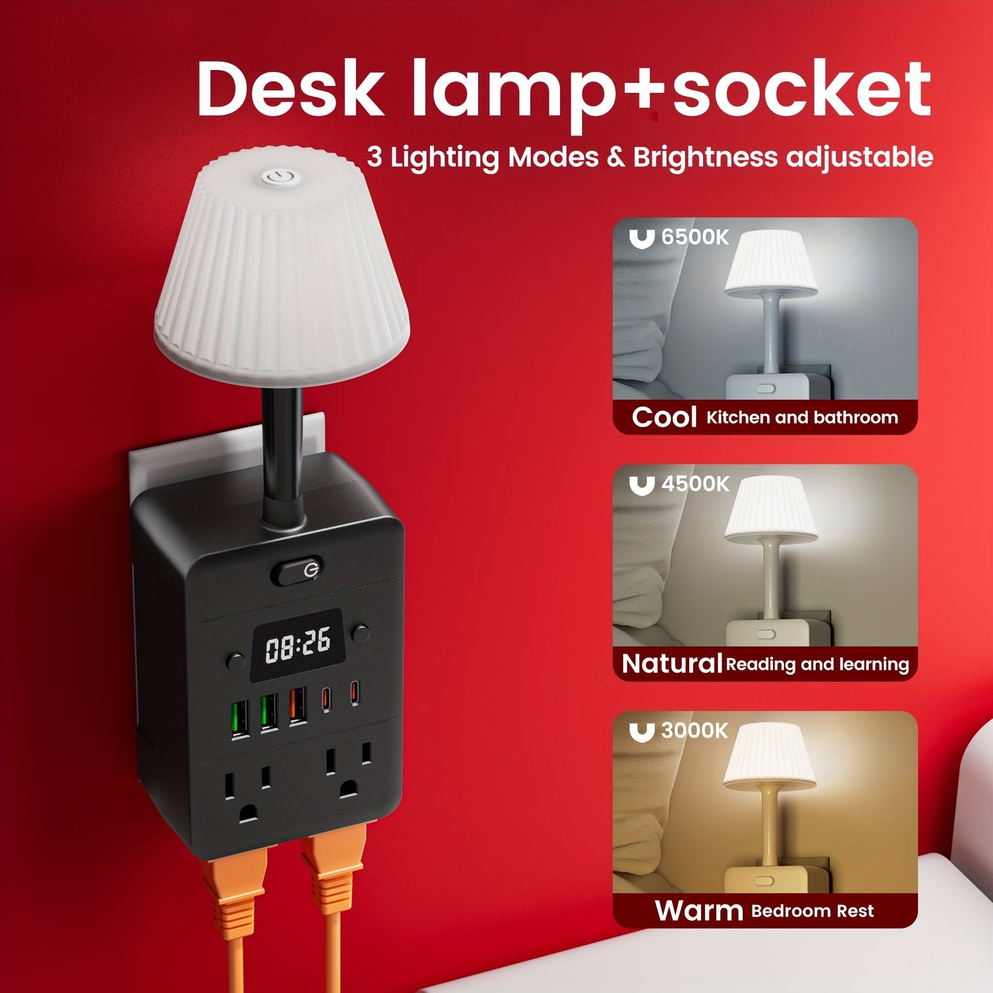Power Strip Extender with Digital Clock & Desk Lamp – 4 AC Outlets, 3 USB & 2 Type-C Ports, One-Touch On/Off, Overload Protector | Multi-Function Surge Protector for Home, Office, Dorm & School