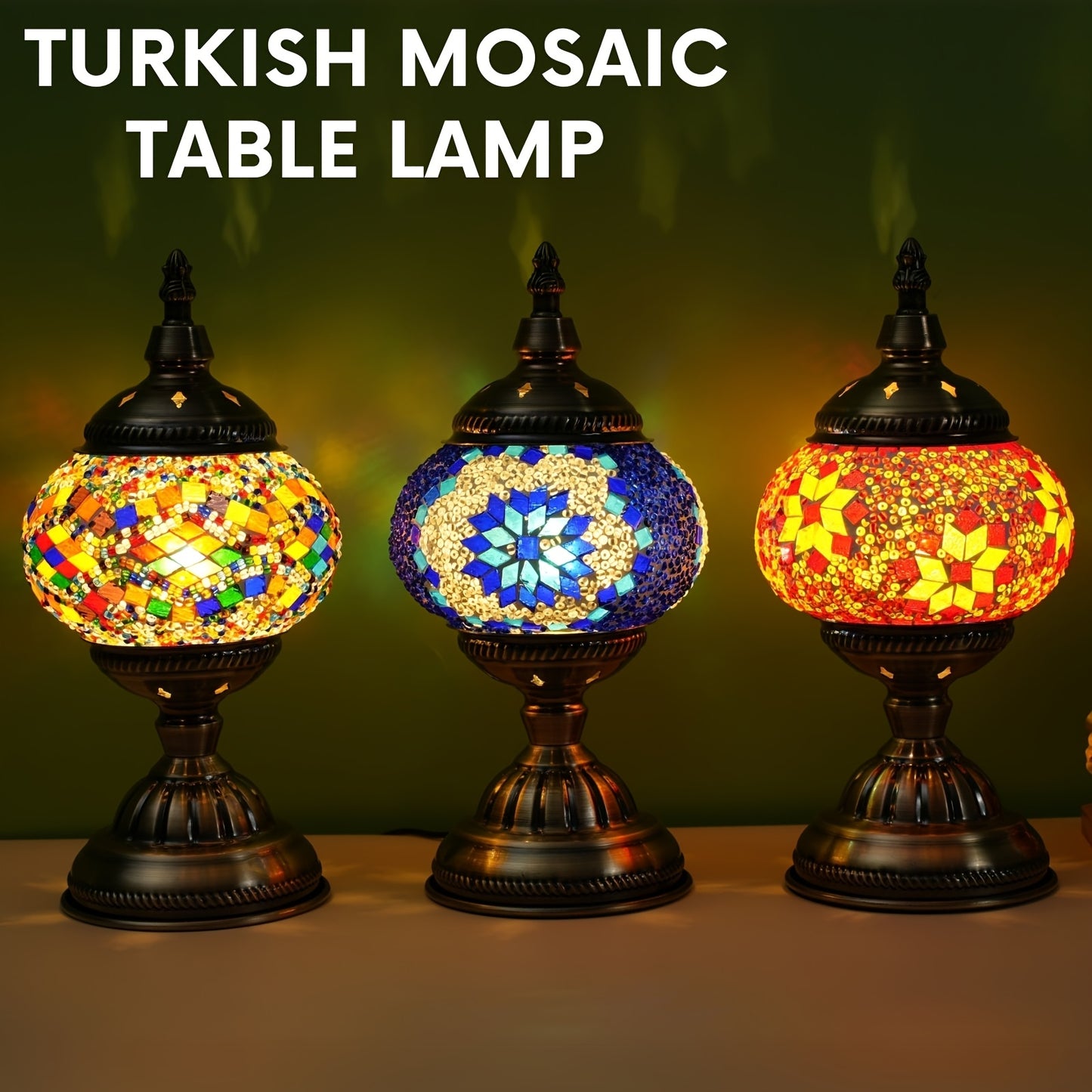 Handcrafted Finished Mosaic Table Lamp, 3-Color Dimmable Glass Bedside Lamp With Metal Base, Ready-to-Use Art Lamp For Bedroom/Living Room, Halloween Gift (Bulb Included)