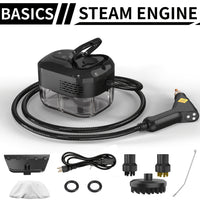 Black steam cleaner + 3 brush heads + glass scraper