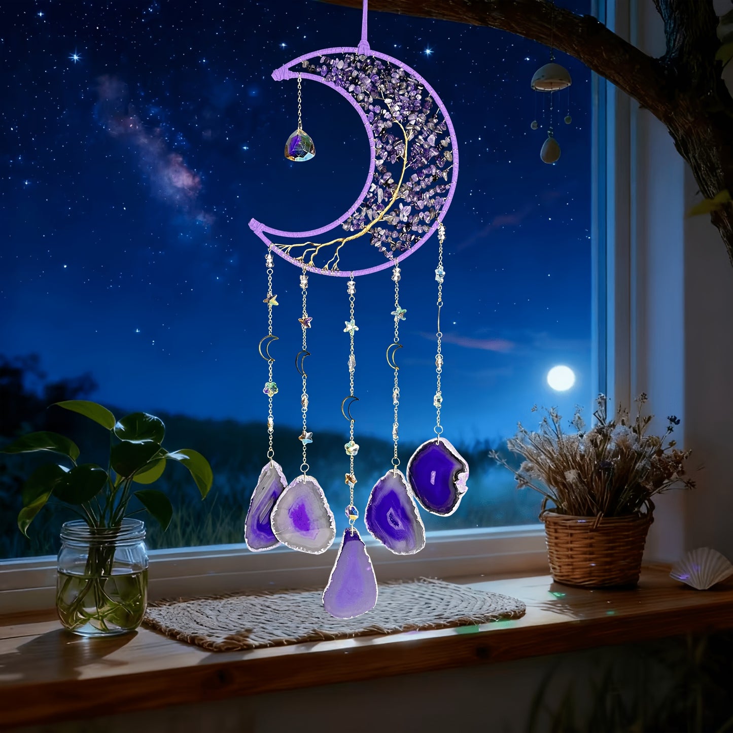 Handmade Moon Agate Tree Hanging Ornament, Unique Boho Suncatcher, Birthday Holiday Christmas Gift for Mom, Friends & Her