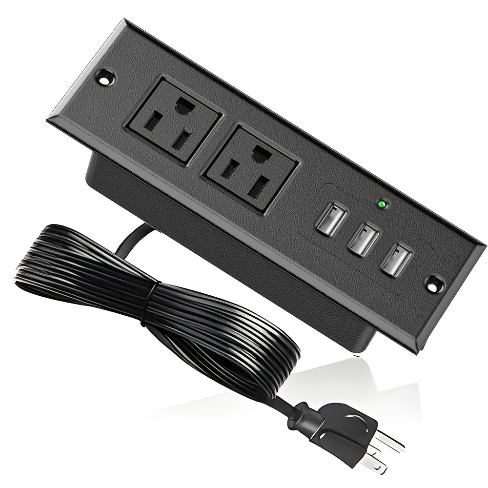 Recessed Power Strip with 2 Outlets 3 USB A Ports, Desktop Power Station Furniture Flush Mount Desk Outlet with Indicator Light, Recessed Outlet for Side Table/Sofa Table with 1.5M/4.92FT Extension