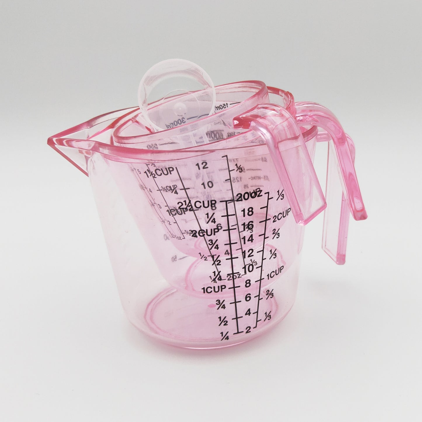 Measuring Cups Set 4-Piece with Spoon, 6oz 12oz 20oz Baking Cups + 20ml Spoon, PS Food-Safe Material, ML OZ CUP Markings, Pink Kitchen Measuring Set