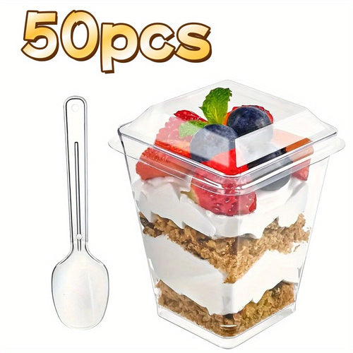 (Quick Arrival) 50/100/150/200 Packs 5oz Plastic Dessert Cup with Lid & Spoon Set, Pudding Cup with Lid, Mini Dessert Cup, Party Gathering Use, Suitable for Large Gatherings, Family Gatherings, Camping Picnics