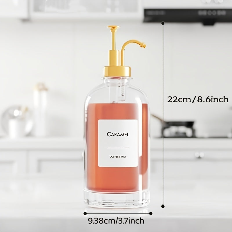 4pcs Coffee Bar Accessories Glass Bottles, 16.9oz Coffee Syrup Dispenser, Glass Syrup Dispenser with Labels, Food Pump Dispenser, Suitable for Kitchen (Golden/Silvery/Black)