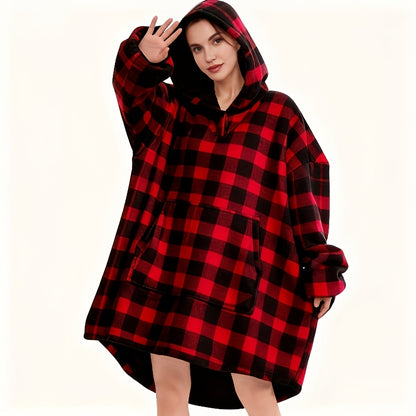 A Super Soft And Comfortable Plush Hooded Shirt, Double-Sided Wearable Blanket, Super Soft Reversible Hooded Blanket with Kangaroo Pocket, Machine Washable, Lazy Nightgown Dress