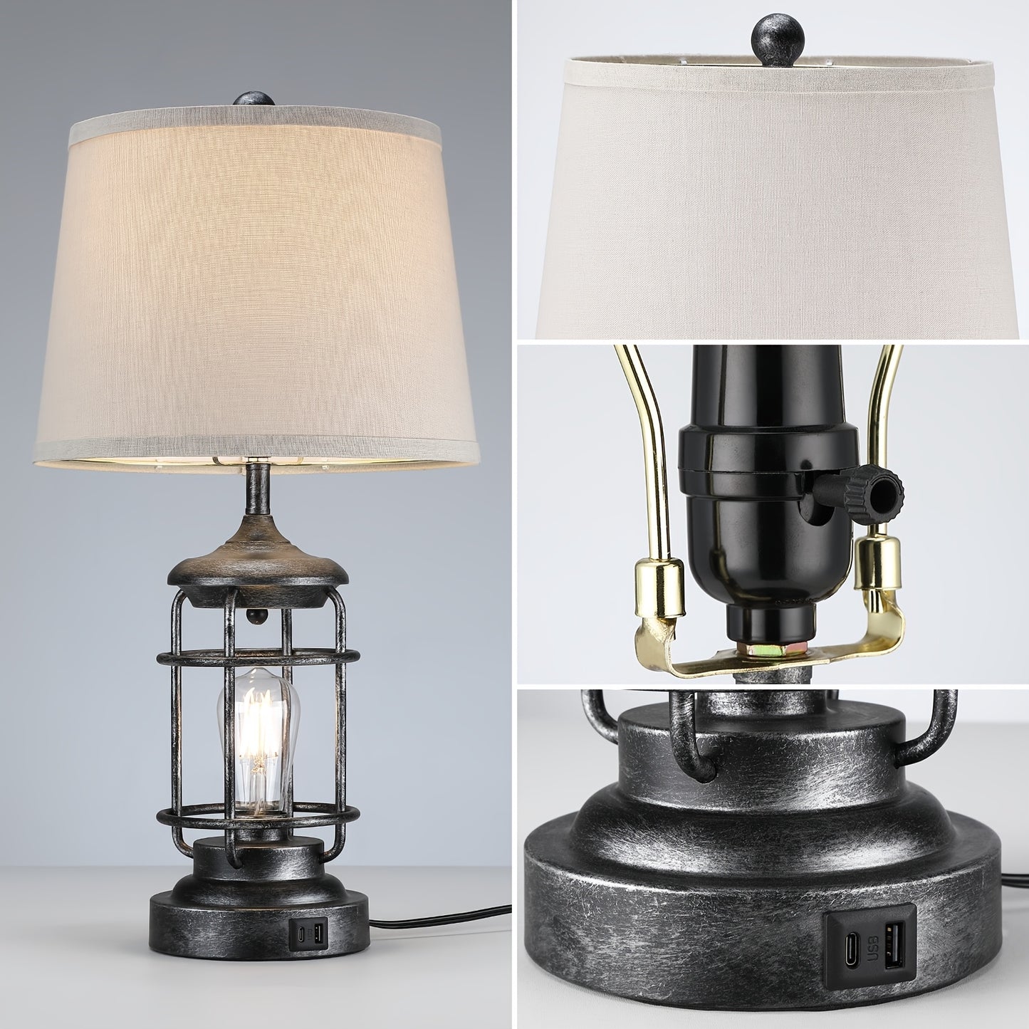 Farmhouse Table Lamps Set of 2 with 4 LED Bulbs | Touch Control 3-Way Dimmable Nightstand Lamp Dual USB Ports Natural Linen Shade Metal Black 22 Inch Bedroom Living Room