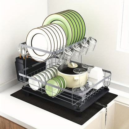 Dish Drying Rack, 2 Tier Dish Racks for Kitchen Counter, Large Stainless Steel Kitchen Dish Drying Rack, Detachable Large Capacity Dish Drainer Organizer with Utensil Holder, Drain Board