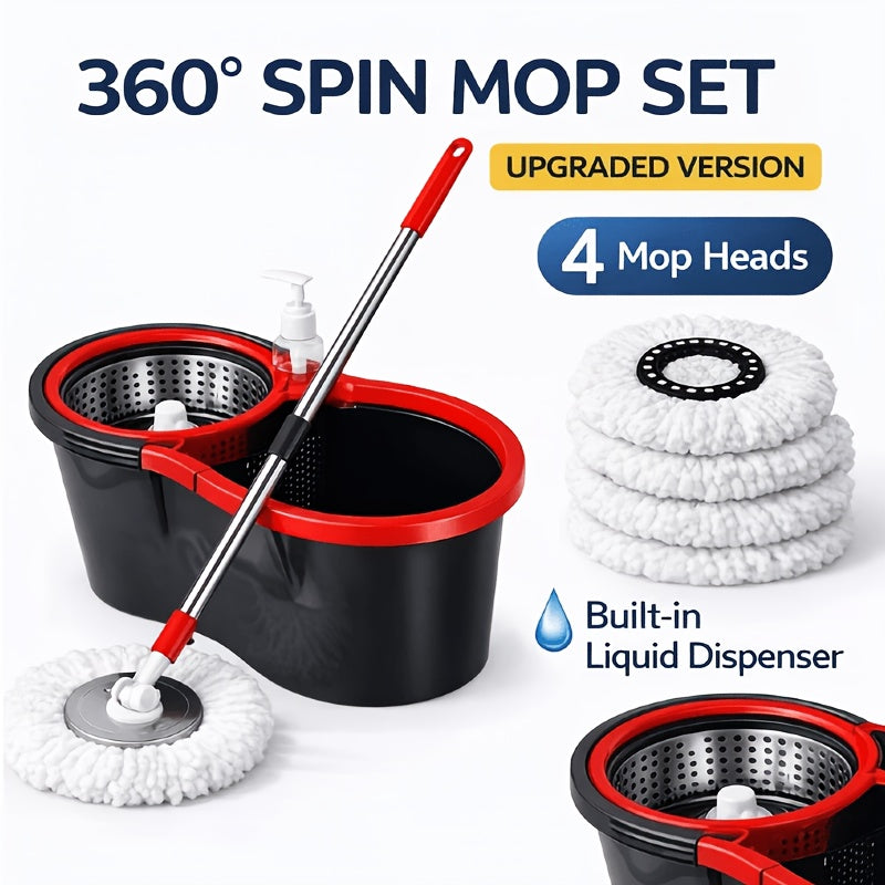 Spin Mop And Bucket Set, 4 Mop Heads Or Bucket with Wringer Set, 360°Spin Mop Kit with 2 Microfiber Mop Heads, Spinning Mop Bucket System for Floor Cleaning