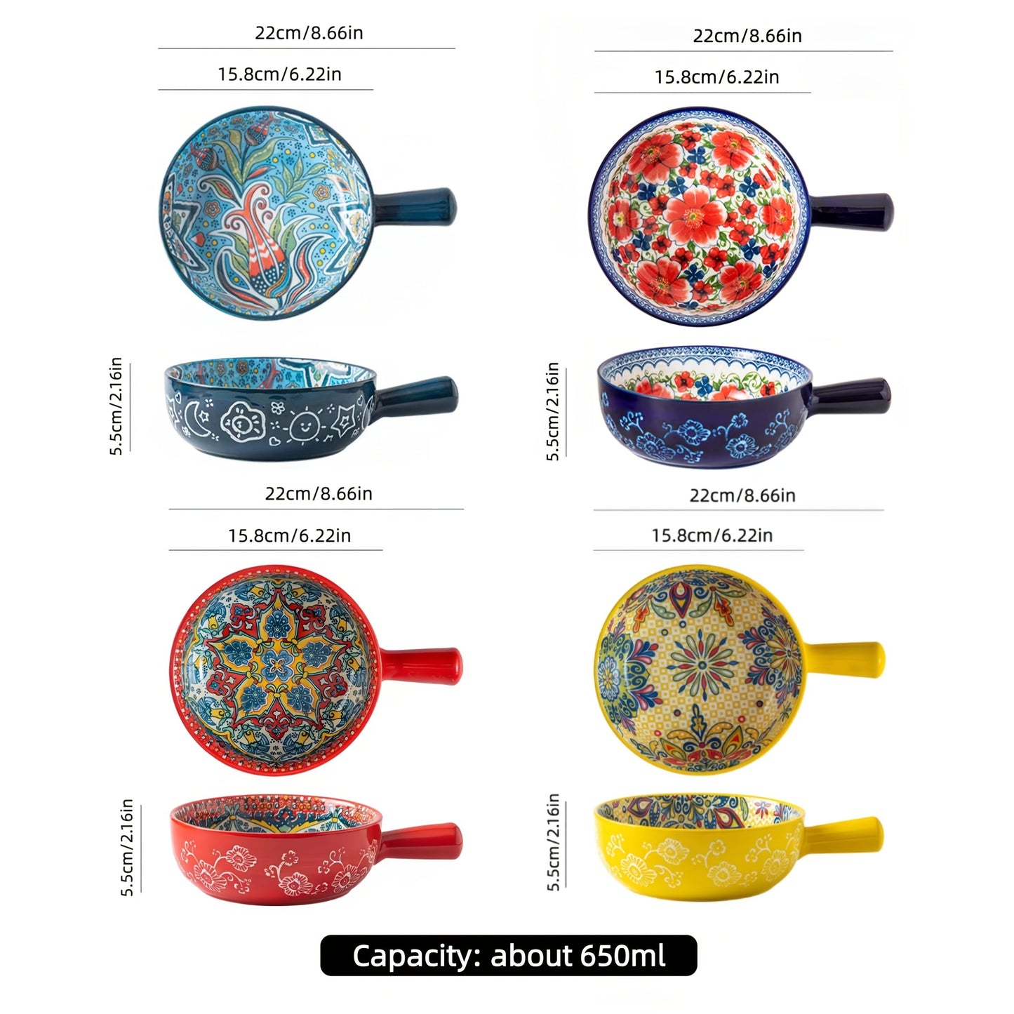 TAUFIKT 8.7-inch Large Bohemian Ceramic Salad Bowl Set Of Four (with Handles), Microwave And Oven Safe, Ideal for Home Baking And Table Serving, Valentine's Gift